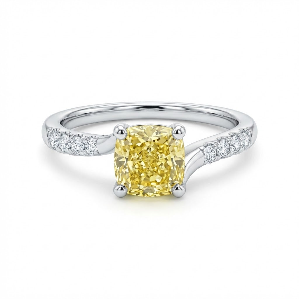 14K White Gold Cushion Cut Fancy Intense Yellow Diamond Fashion Ring 1.08cttw