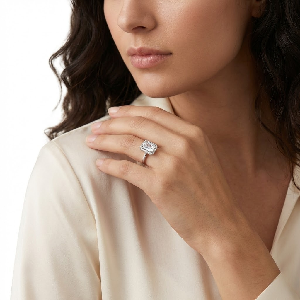 14K White Gold Emerald Cut Halo Engagement Ring – Semi-Mount for 0.125–1.00 ct Emerald Cut Center Stone (Center Stone Not Included)