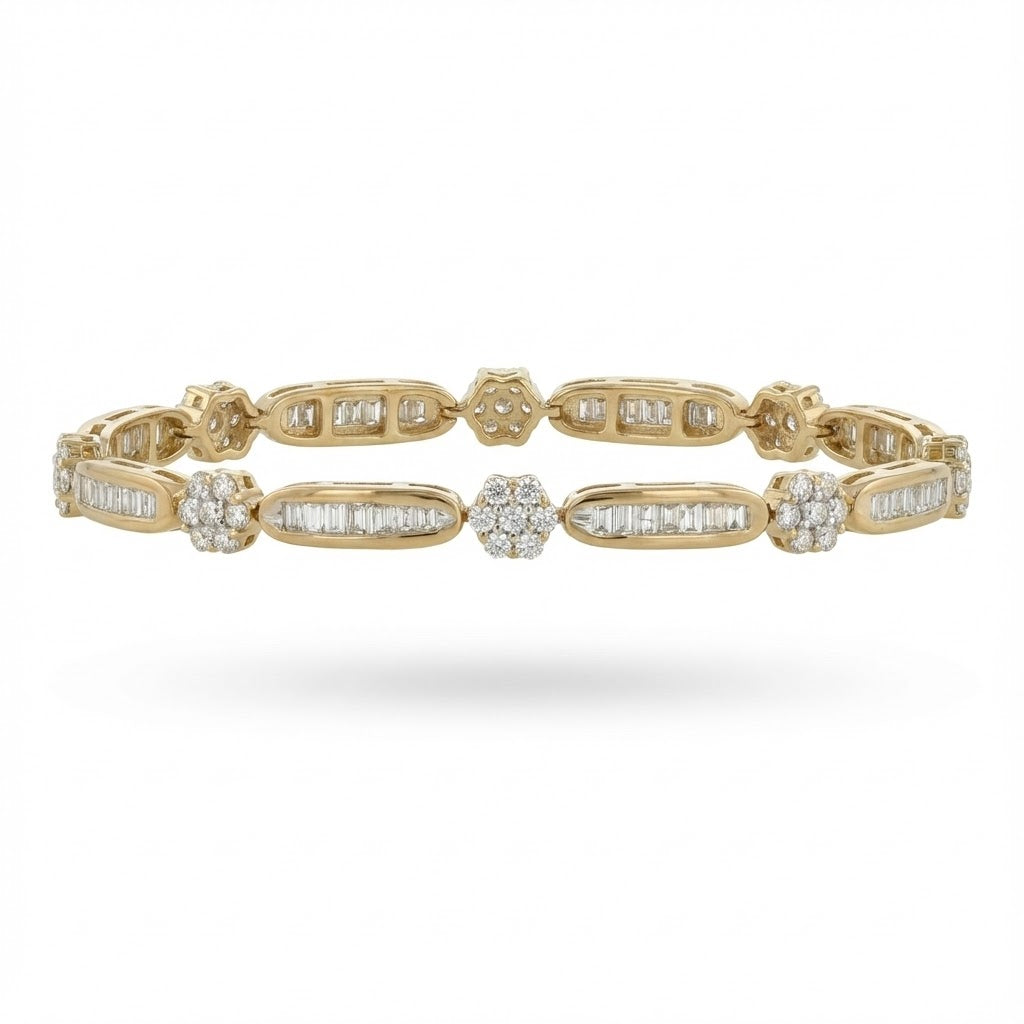 14K Yellow Gold Baguette and Round Cluster Diamond Tennis Bracelet 2.00cttw