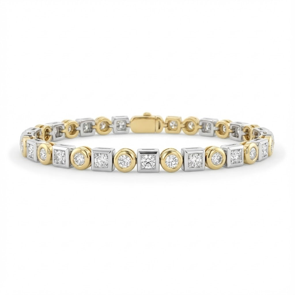 18K White and Yellow Gold Bezel Set Diamond Bracelet 2.96cttw