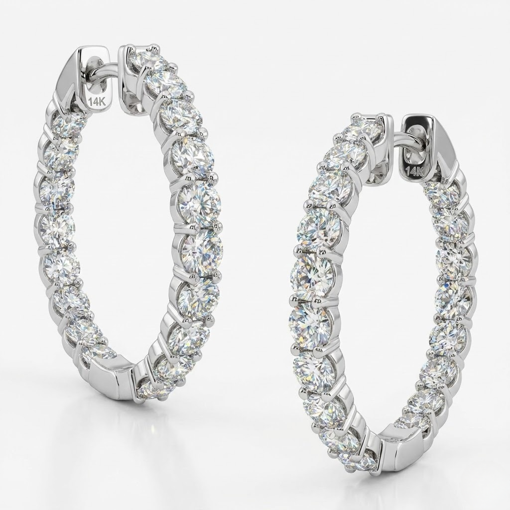 25mm Diamond Hoop Earrings in 14K White Gold 3.24 Carats Total Weight – Shared Prong Set