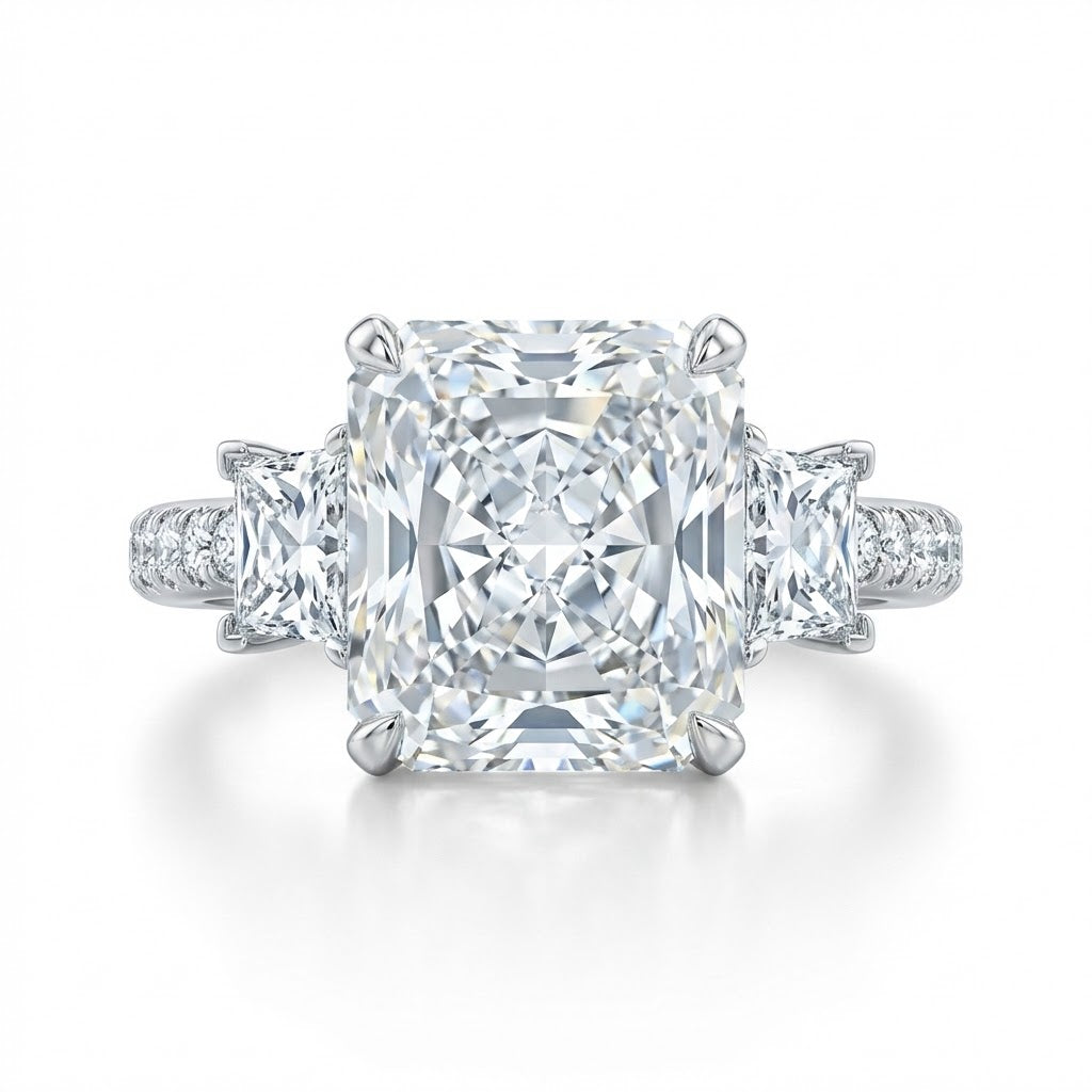 7.54 ct Radiant Cut Diamond Three-Stone Engagement Ring in 18K White Gold with Princess and Round Diamond Accents