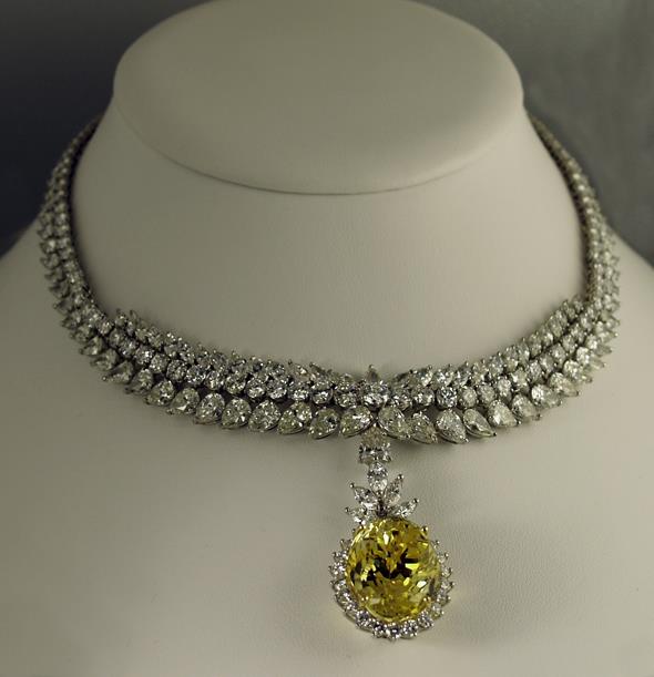 Platinum Diamond Necklace with 53ct Fancy Yellow Sapphire Pendant