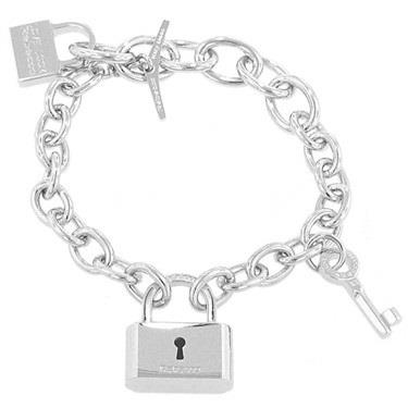 “Love Lock” Rhodium Plated Toggle Bracelet with Lock and Key Charm