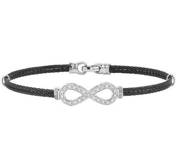 Stainless Steel and 18 ALOR ''Noir'' 2 Row Black Stainless Cable wtih Pave Diamond Infinity Station |||  ||| 