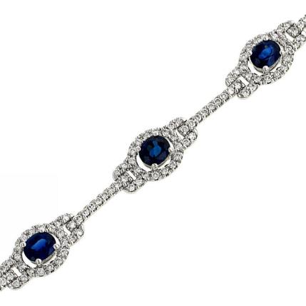 14K White Gold Diamond and Blue Sapphire Link Bracelet 5.22cttw