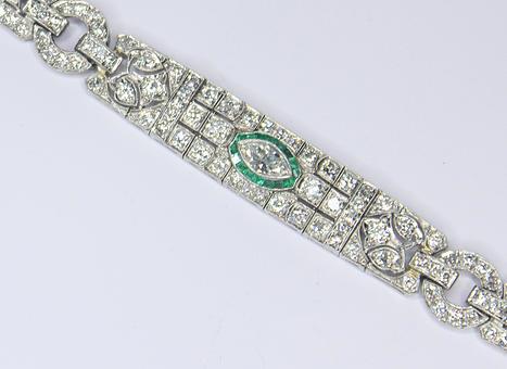 Platinum Art Deco Diamond and Emerald Bracelet, Circa 1930