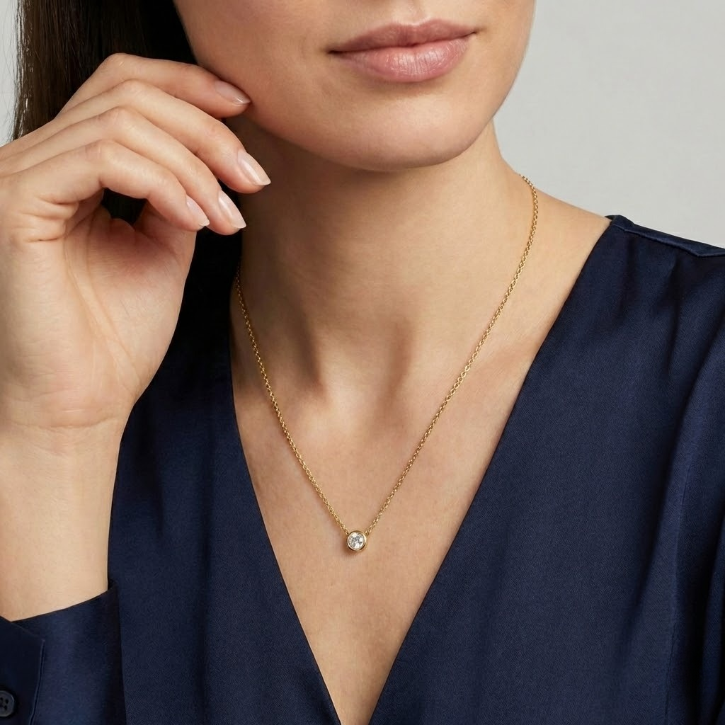 Bezel Set Round Diamond Solitaire Pendant on Cable Chain – 0.31cttw