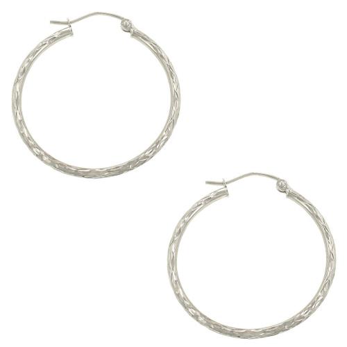 14k White Gold Engraved Hoop Earrings 1.25in