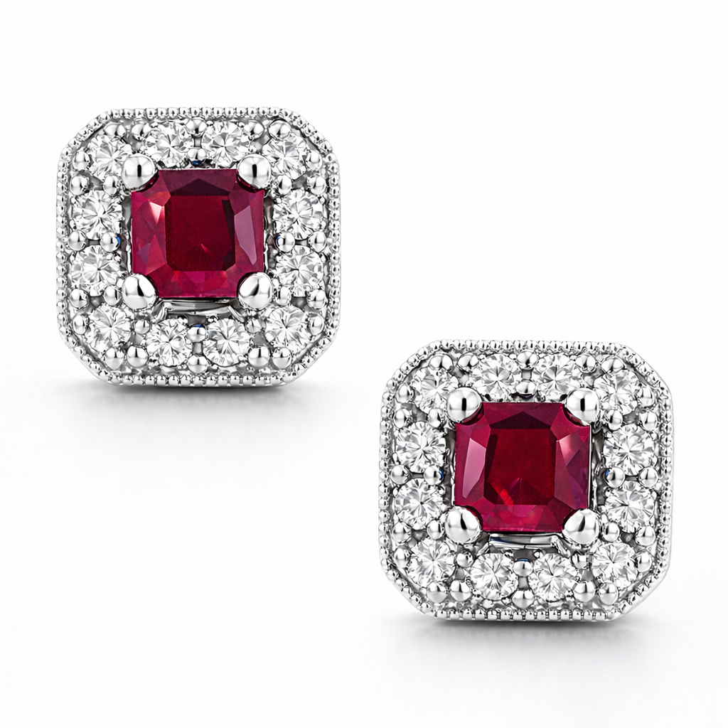 14k White Gold Ruby and Diamond Stud Earrings 0.30cttw