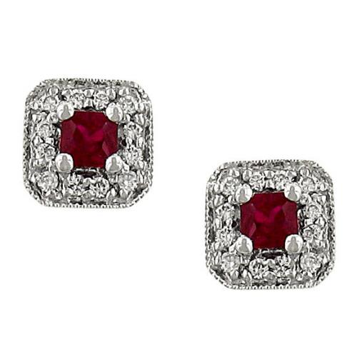 14k White Gold Ruby and Diamond Stud Earrings 0.30cttw