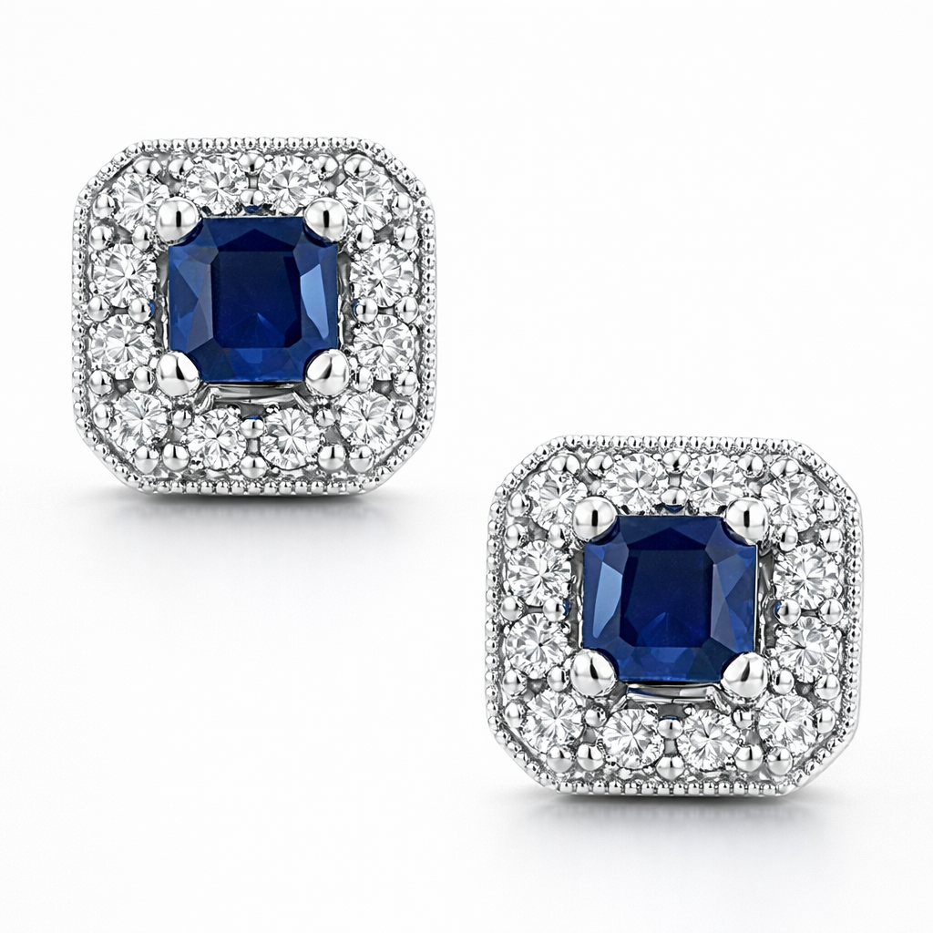 14K White Gold Sapphire and Diamond Halo Stud Earrings