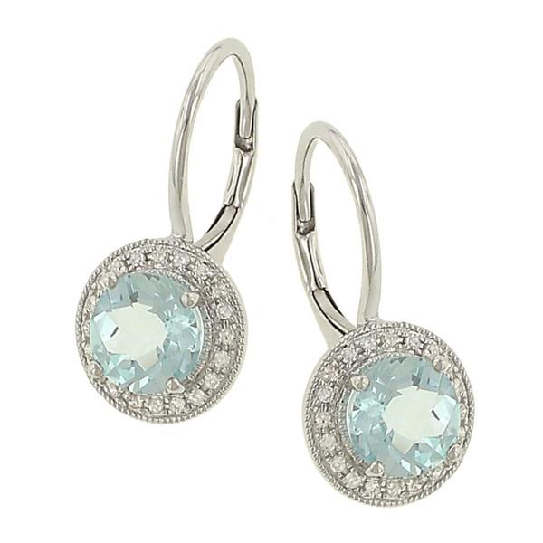 14K White Gold Halo Style Blue Topaz and Diamond Dangle Earrings