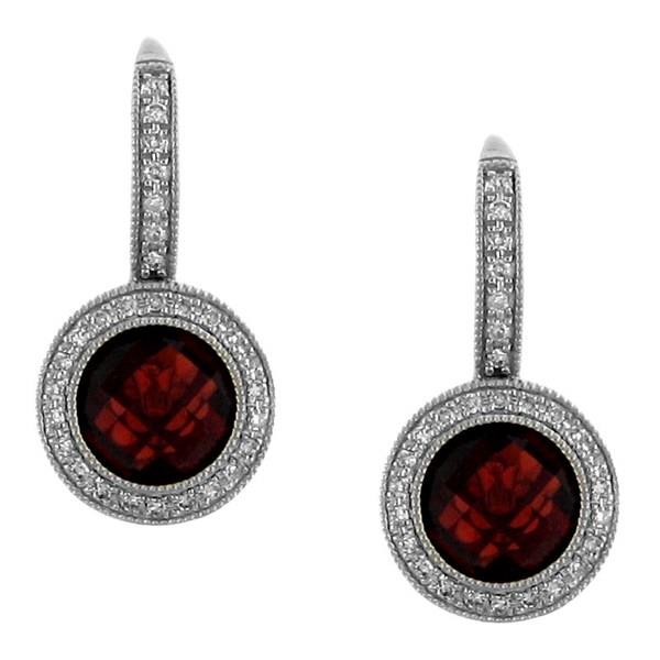 14K White Gold Garnet and Pave Diamond Earrings