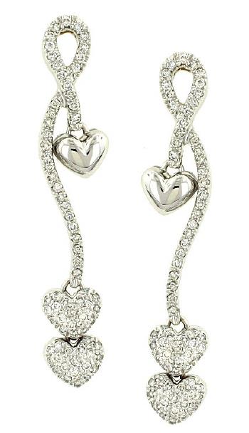 Fancy Twist Pave Diamond Dangle Earrings with Heart Drop in 14K White Gold 1.10 Carats Total Weight