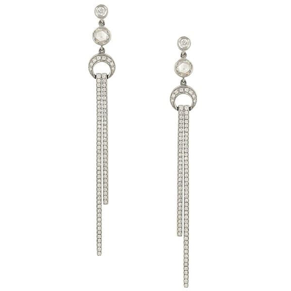 2 ¾" Pave Diamond Stick Dangle Earrings with Bezel Accents in 14K White Gold 1.37 Carats Total Weight
