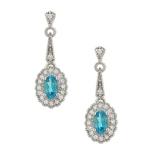 Oval Blue Topaz Dangle Earrings with Bead-Set Diamonds and Milgrain Edge (0.22cttw Diamonds)