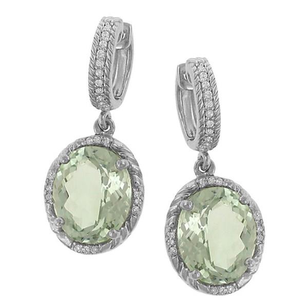 Oval Checkerboard Green Amethyst Dangle Earrings with Pavé Diamond Trim (0.28cttw Diamonds)