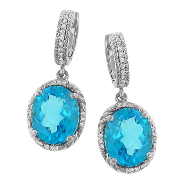 Oval Checkerboard Blue Topaz Dangle Earrings with Pavé Diamond Trim (0.28cttw Diamonds)