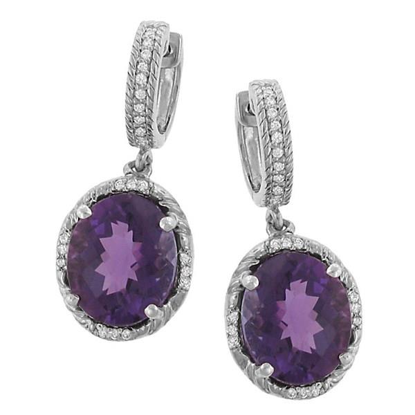 Oval Checkerboard Amethyst Dangle Earrings with Pave Diamond Trim (0.28cttw Diamonds)