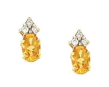 Oval Citrine and Cluster Diamond Stud Earrings in 14K Gold (Total .09cttw – Diamonds)