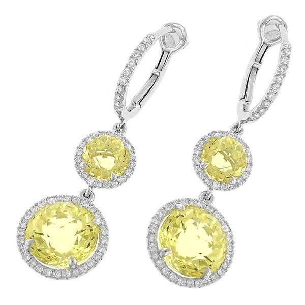 14K Gold Lemon Quartz and Diamond Halo Dangle Earrings (7.53cttw Total – Lemon Quartz 7.13cttw, Diamonds .40cttw)