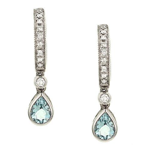 14K Gold Aquamarine and Diamond Drop Hoop Earrings (Aquamarine .65cttw, Diamonds .14cttw)