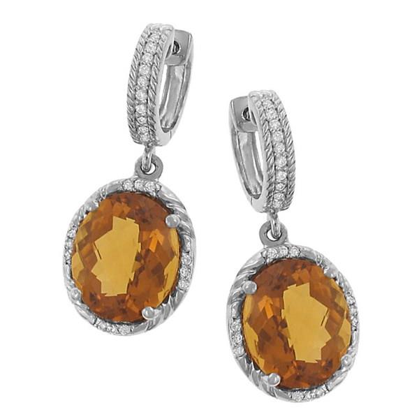 14K Gold Yellow Quartz Dangle Earrings with Pavé Diamond Trim (Quartz with .28cttw Diamonds)
