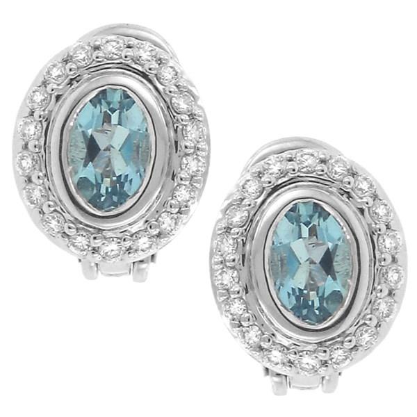 14K Gold Aquamarine and Diamond Halo Button Earrings with Omega Backs (.81cttw Aquamarine / .35cttw Diamonds — 1.16cttw Total)