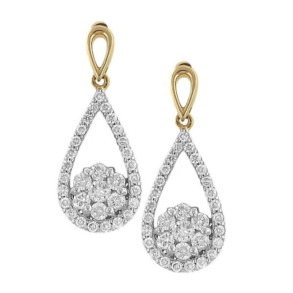 14K Gold Teardrop Diamond Dangle Earrings with Cluster Center (.50cttw Diamonds G–H/SI, 64 Stones Total)