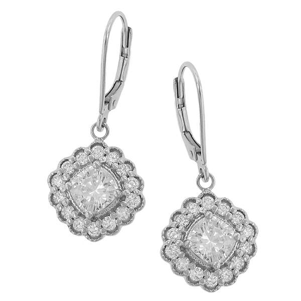 28 Stone Round Pave Diamond Square Halo Leverback Dangle Earring Mountings with Scalloped / Milgrain Edge Diamond .82cttw Gh/si2 (center Stones Not Included) |||  ||| 