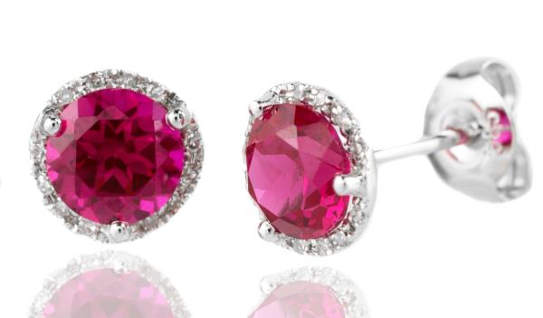 14K Gold Ruby and Pavé Diamond Halo Stud Earrings (.07cttw Diamonds)
