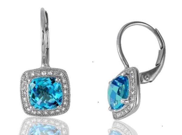 14K White Gold Cushion-Cut Blue Topaz Earrings with Diamond Halo and Lever Backs (2.91ct Blue Topaz / .14ct Diamond)