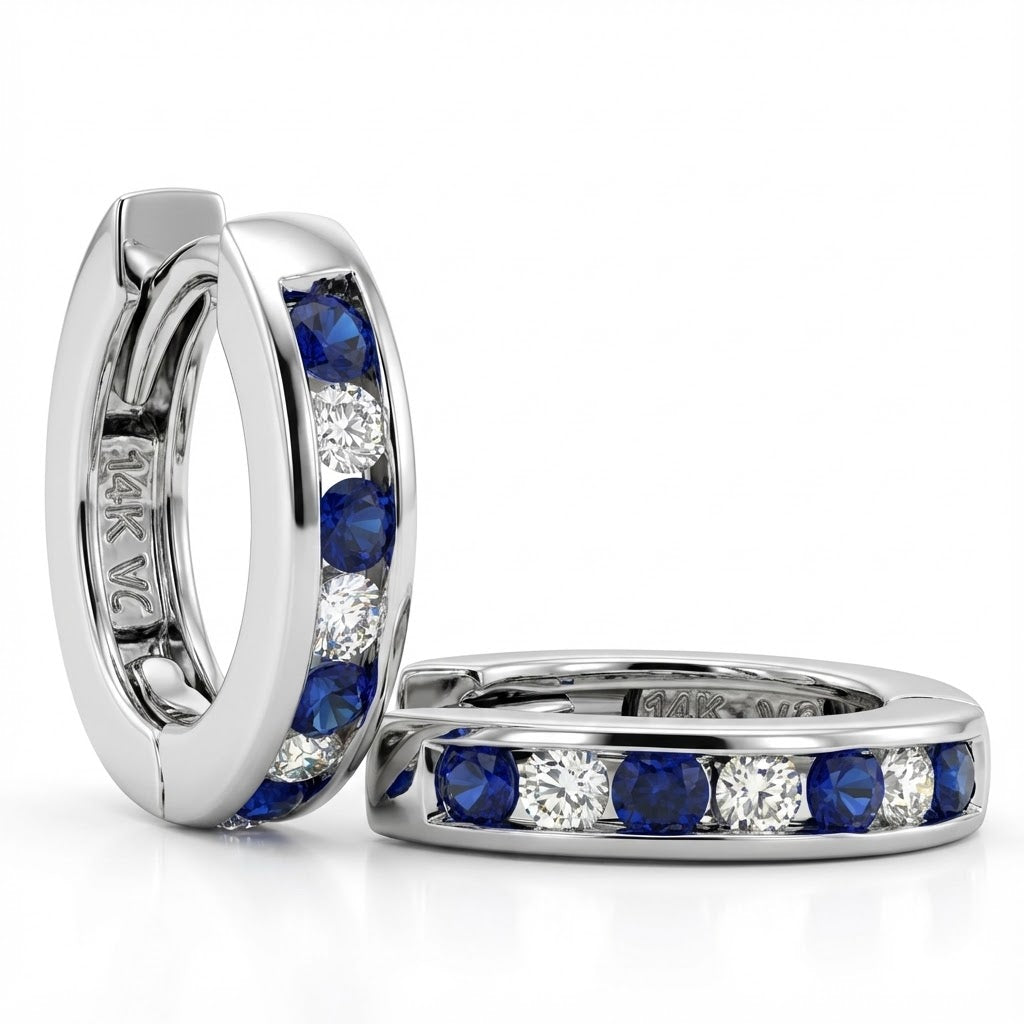 14K White Gold Diamond and Blue Sapphire Channel-Set Hoop Earrings (Gem .22cttw / Diamond .14cttw)
