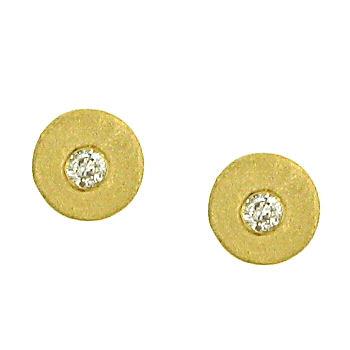 14K Yellow Gold Brushed Circle Earrings with Flush-Set Diamonds