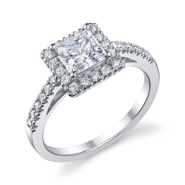 Ladies 14K White Gold Halo Engagement Ring with Split Shank – Semi-Mount for 0.375–1.00 ct Princess Cut Center Stone (Center Stone Not Included)