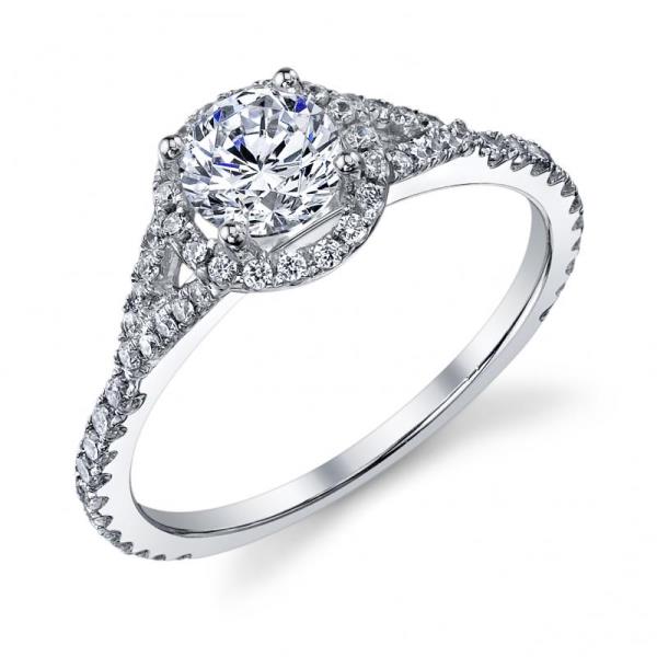 Ladies 14K White Gold Round Halo Diamond Engagement Ring with Split Shank – Semi-Mount for 0.375–0.625 ct Round Center Stone (Center Stone Not Included)