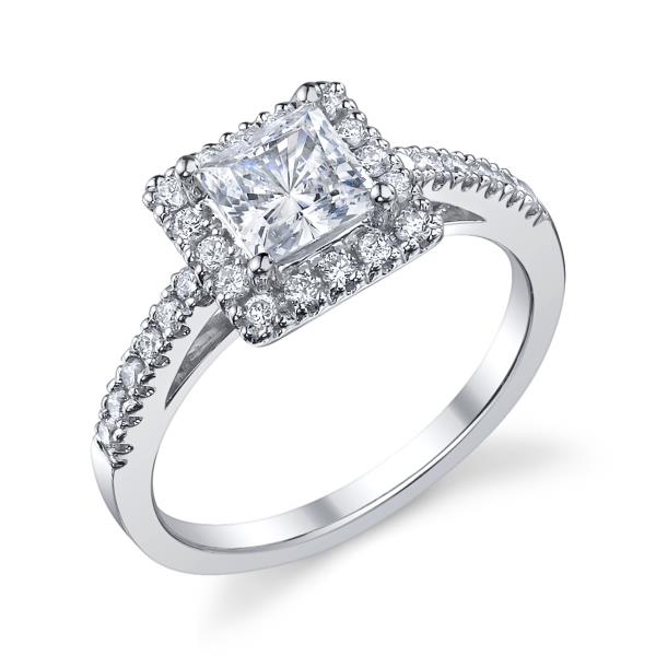 Ladies 14K White Gold Princess Cut Halo Bridal Ring – Semi-Mount for 0.38–0.75 ct Princess Cut Center Stone (Center Stone Not Included)