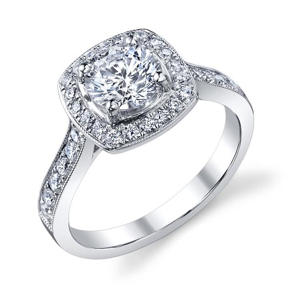 Ladies 14K White Gold Cushion Halo Bridal Ring – Semi-Mount for 0.36–1.00 ct Round Center Stone (Center Stone Not Included)