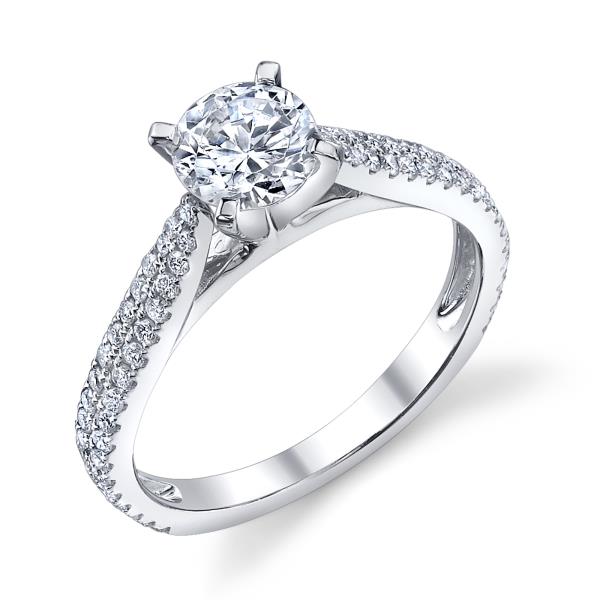 Ladies 14K White Gold Pavé Cathedral Double Row Engagement Ring – Semi-Mount for 0.40–0.75 ct Round Center Stone (Center Stone Not Included)