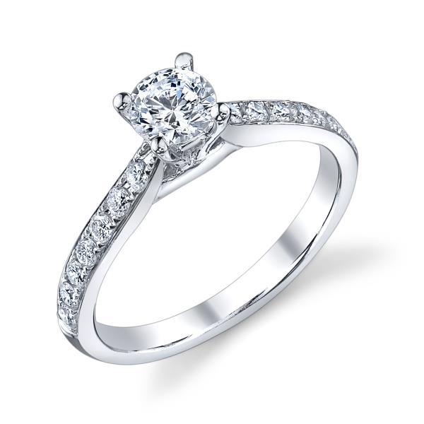 Ladies 14K White Gold Pavé Cathedral Engagement Ring – Semi-Mount for 0.19–0.50 ct Round Center Stone (Center Stone Not Included)