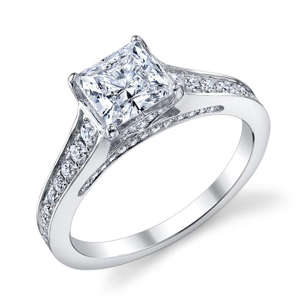 Ladies 14K White Gold Pavé Cathedral Bridal Ring – Semi-Mount for 0.45–1.25 ct Princess Cut Center Stone (Center Stone Not Included)
