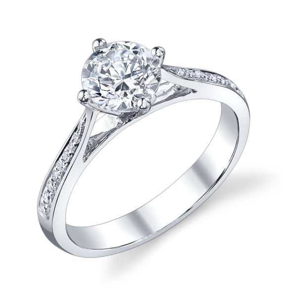 Ladies 14k White Gold Pave Cathedral Engagement Ring  ||| Semi mount t.w. fits approx .08ct - 1 Ct. round center stone.  ||| *Center Stone is NOT included in Price*