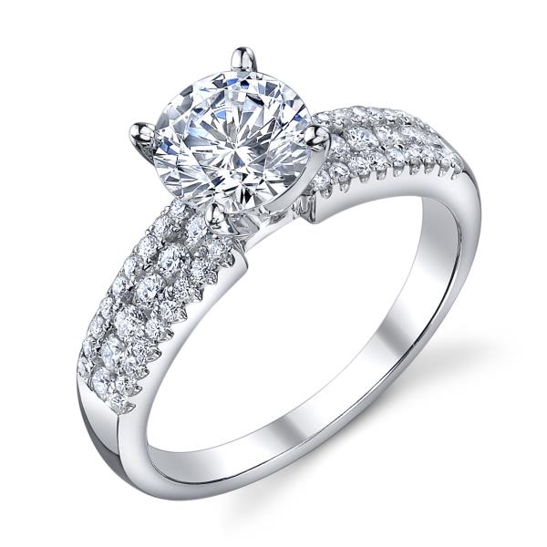 Ladies Platinum Pavé Engagement Ring with Three-Row Diamond Accents – Semi-Mount for 0.40–1.00 ct Round Center Stone (Center Stone Not Included)