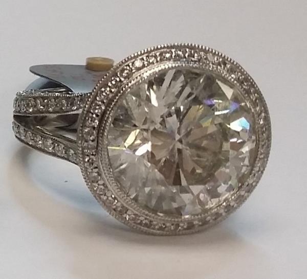 Platinum Diamond Halo Engagement Ring with 1.58 ct Total Accent Diamond Weight Featuring a 10.22 mm Round Brilliant Center – EGL Certified
