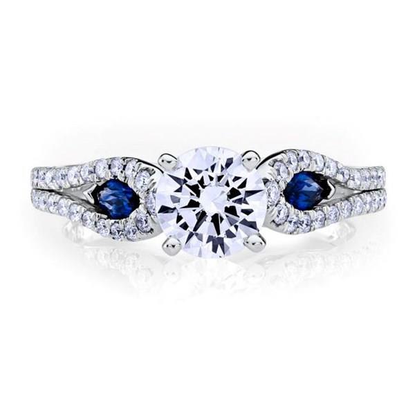 ''Radiance Collection'' Round Pave Diamond Engagement Ring with Split Shank and Marquise Blue Sapphire Accents Gem .34cttw Diamond .35cttw H/si  (center Stone Not Included) ||| 