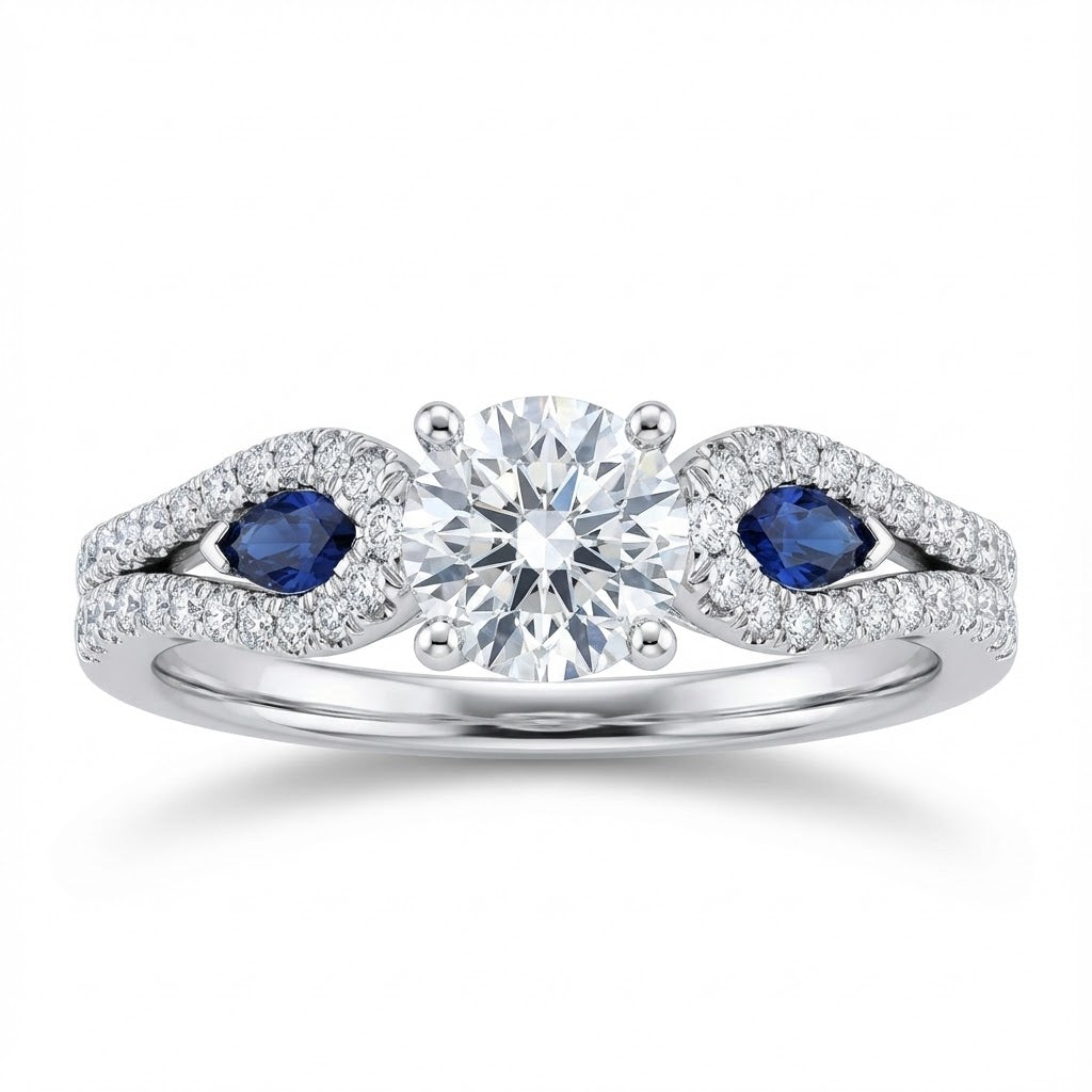 "Radiance Collection" Pavé Diamond Engagement Ring with Split Shank and Marquise Blue Sapphire Accents – 0.69 ct Total Weight (Center Stone Not Included) – Style 