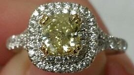 Ladies 18K White Gold Double Halo Split Shank Engagement Ring with Fancy Yellow Cushion Cut Diamond – 1.49 ct Total Diamond Weight
