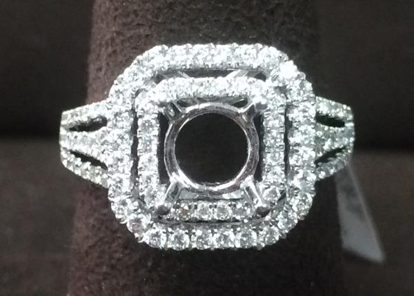 Double Halo Split Shank Pavé Diamond Engagement Ring in 18K White Gold with 0.95 ct Total Diamond Weight