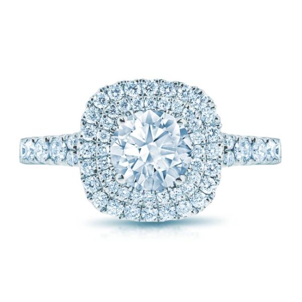 14k White Gold Cushion Double Halo Engagement Ring For a Round Center Stone (Center Stone Not Included) Number of Diamonds: 68 at 0.78cttw